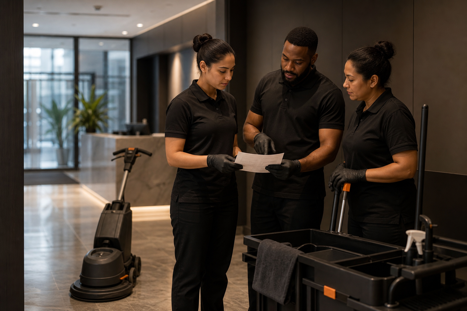 A facility support team reviewing a service plan before work